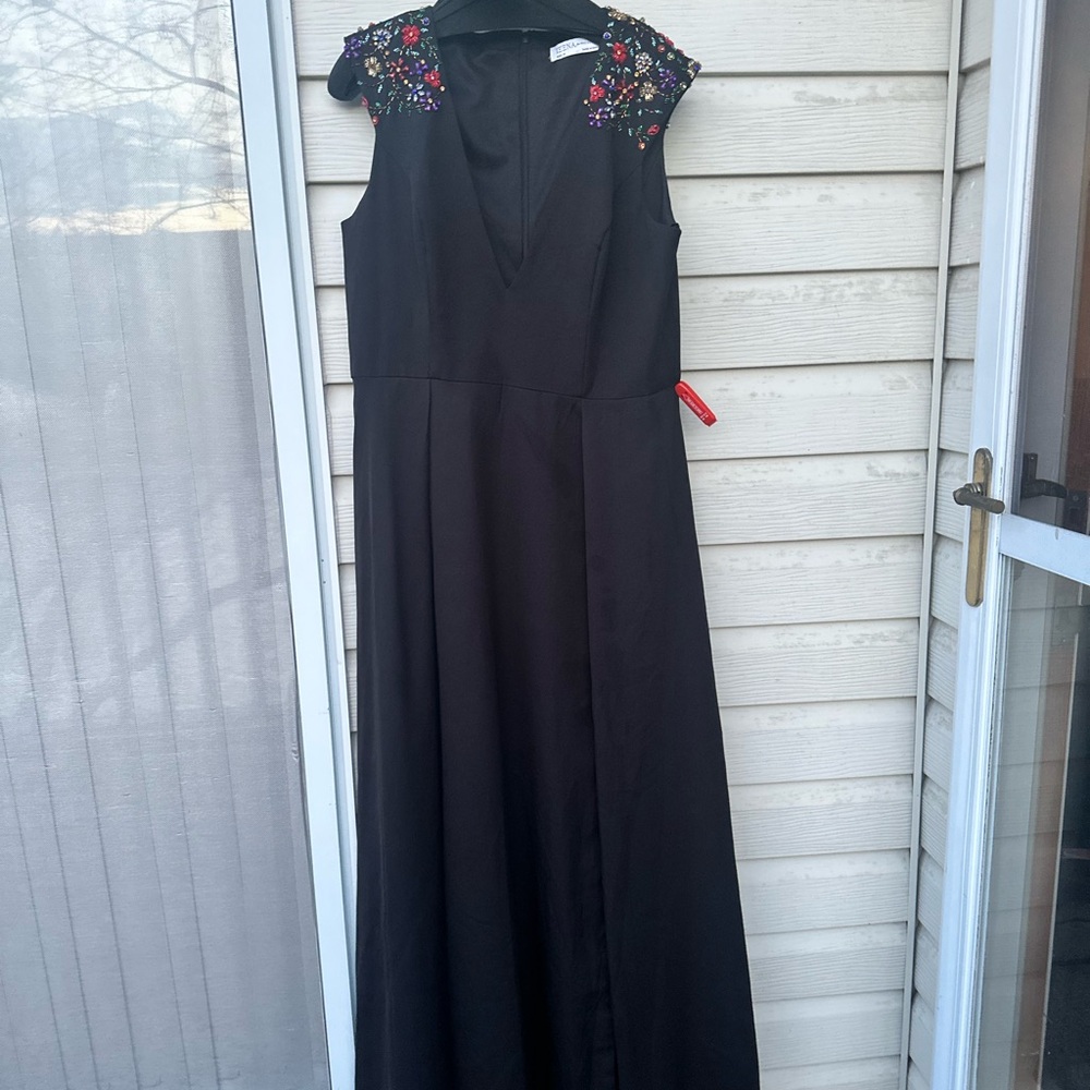 Mac Duggal Black Evening Gown with Multicolor Beaded Cap Sleeves